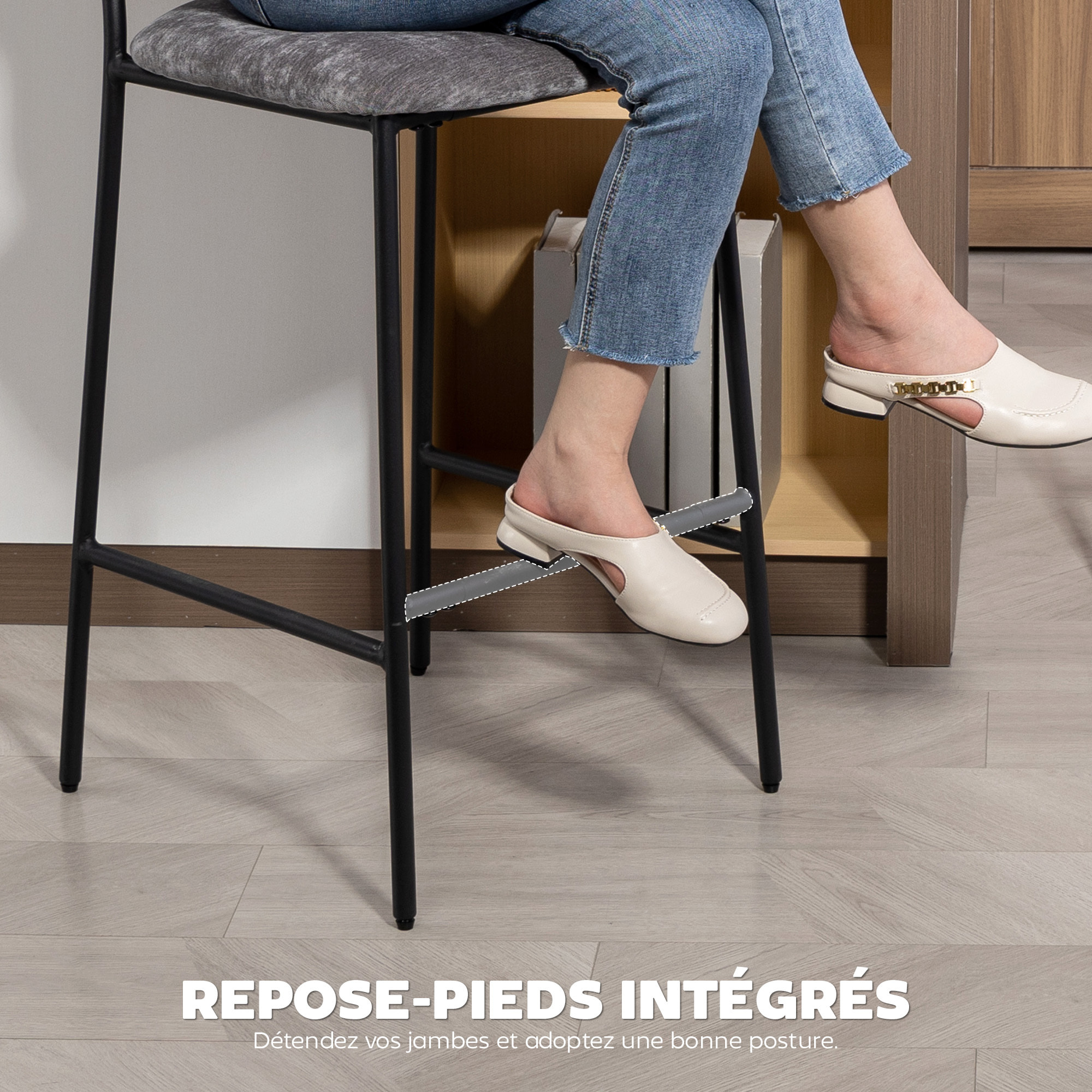 Lot de 2 tabourets de bar style vintage assise large dossier haut acier noir tissu chenille gris