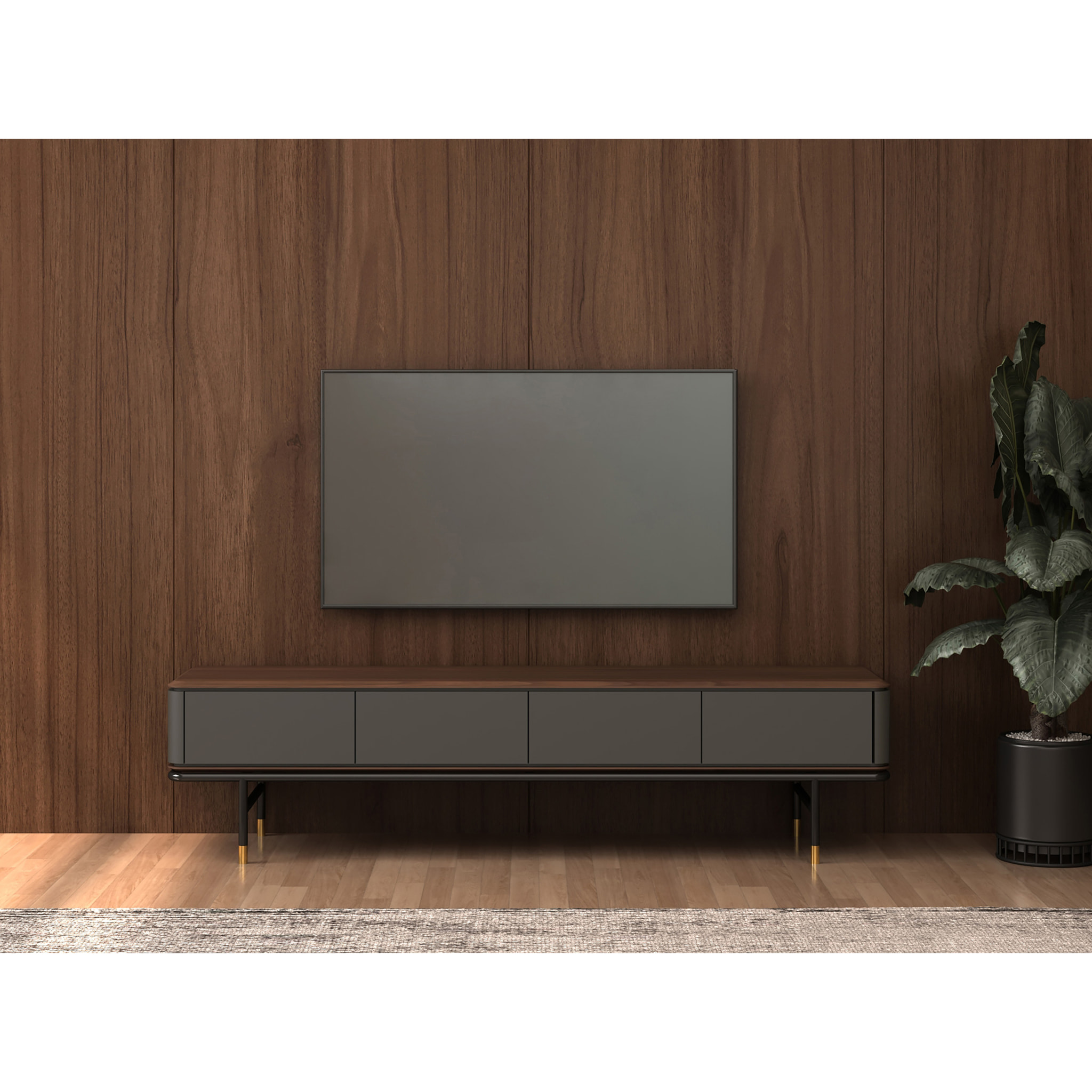 Mueble TV de madera de MDF en gris oscuro mate y patas de acero inoxidable en negro tapa de madera chapada en nogal 200x45x50cm