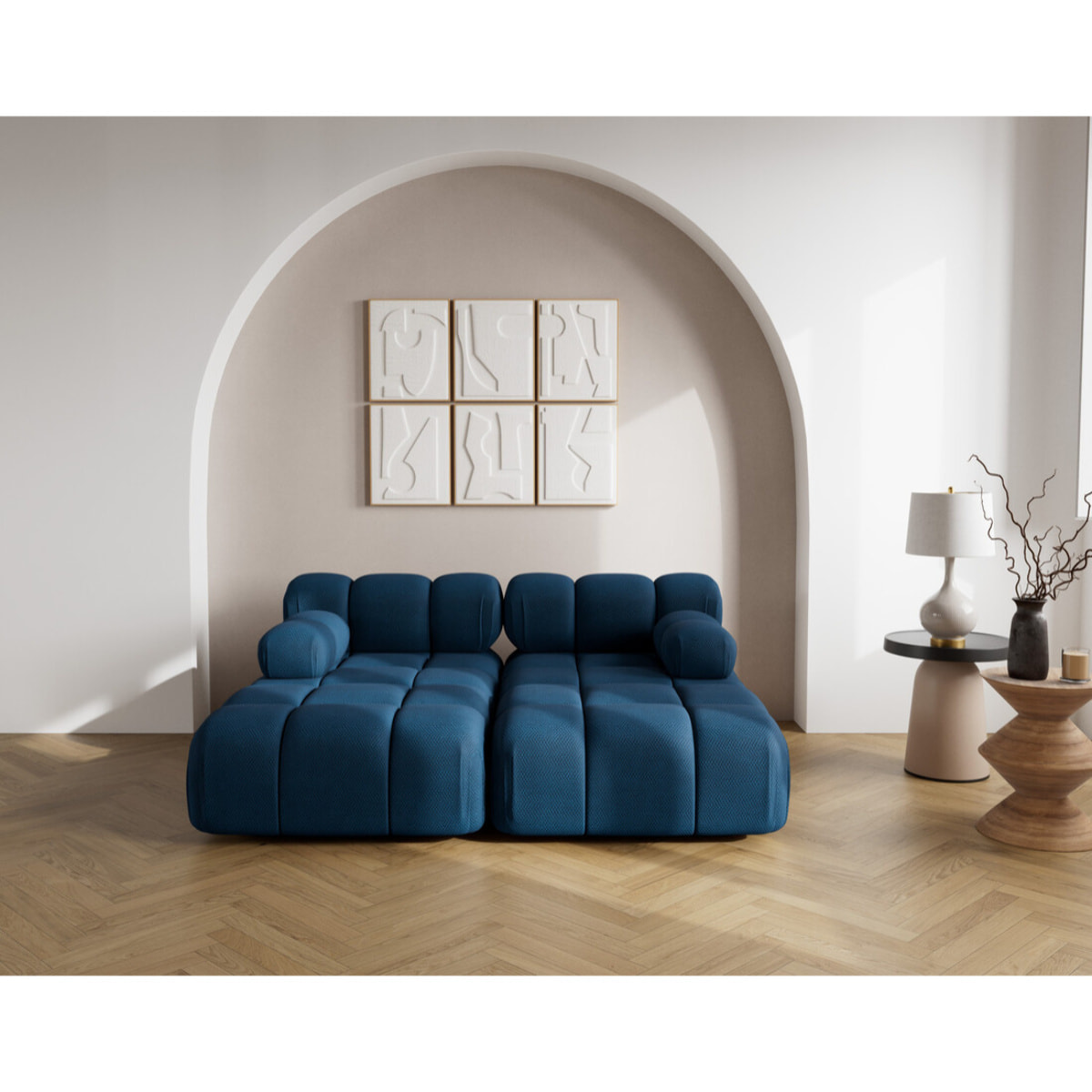 Ruby - canapé droit 4 places avec double méridienne - assise profonde - en velours texturé - Bleu