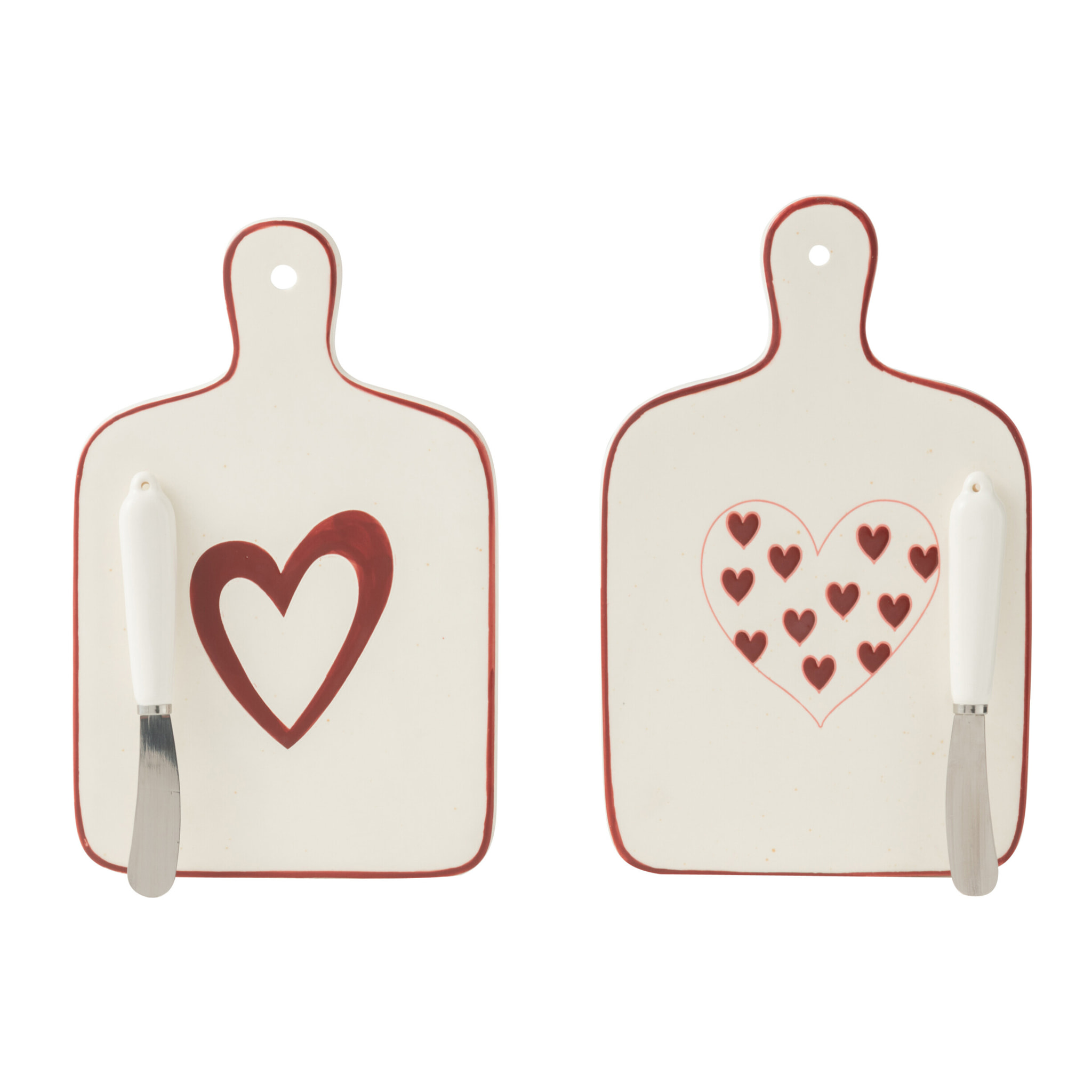 J-Line planche à découper Cœurs - porcelaine - blanc/rouge - 2 pièces