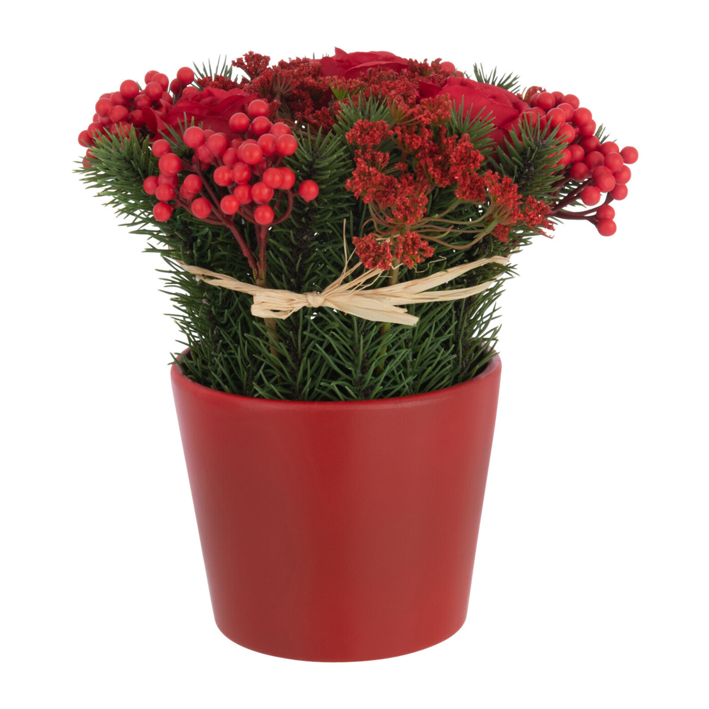 J-Line plante artificielle Roses + Baies En Pot - ciment/plastique - rouge/vert
