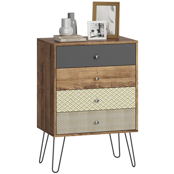 Cómoda 4 Cajones, Cómoda Dormitorio, con Patas de Horquilla de Acero, Cajonera para Salón, Oficina, Estilo Bohemio, 60x39x86 cm, Multicolor