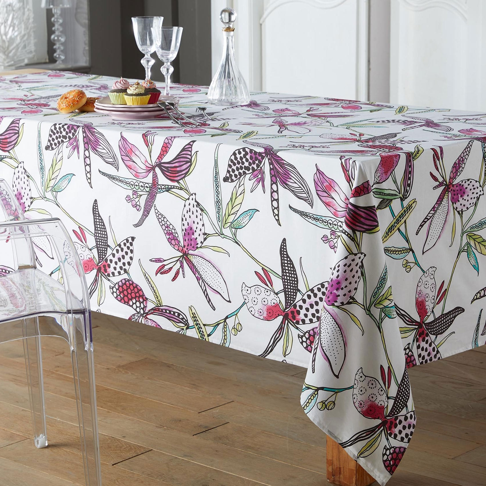 Nappe enduite aux fleurs exotiques - Blanc