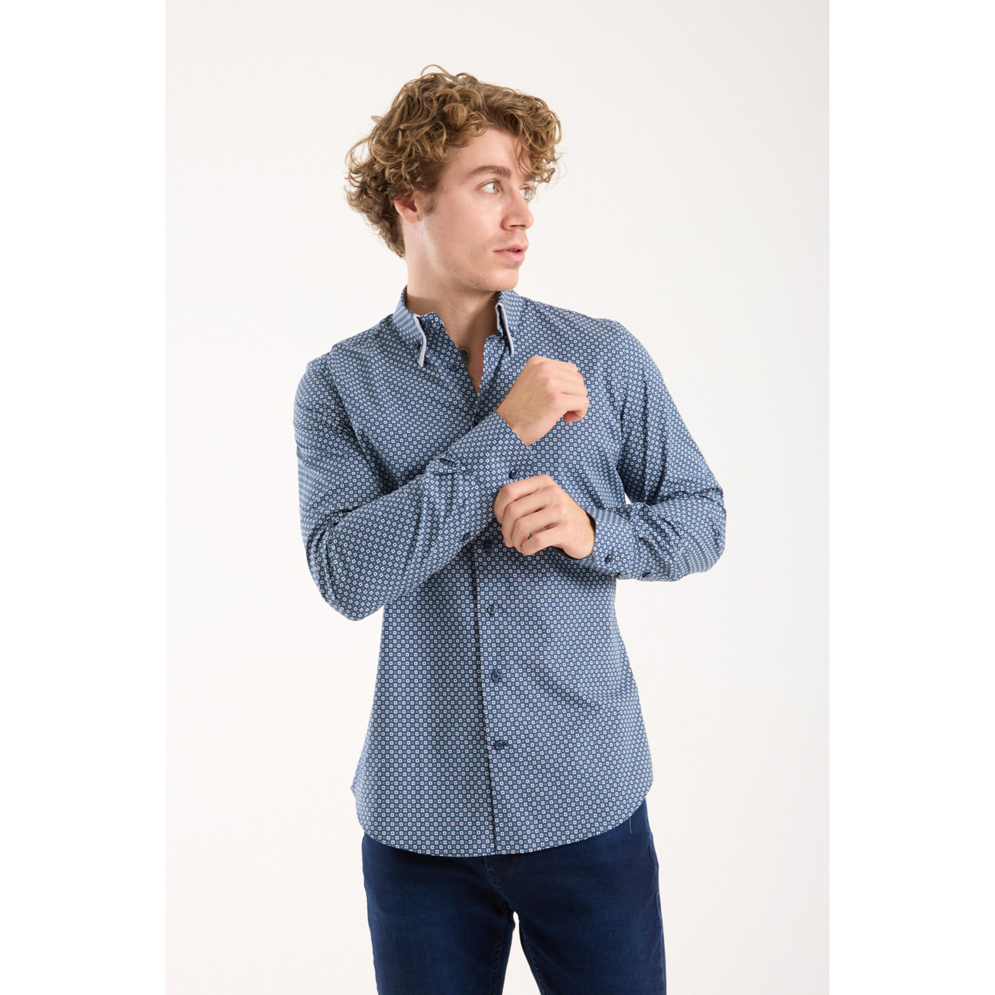 Camicia Uomo 2 Bottoni Button Down Doppio Coll Popeline Stretch Stampato Blu\Bianco