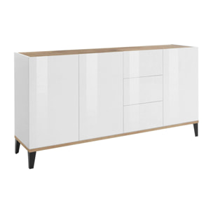 Credenza moderna a 3 ante e 3 cassetti, Made in Italy, Madia da cucina rialzata, Buffet di design da soggiorno, Cm 160x40h82, Bianco lucido e Acero