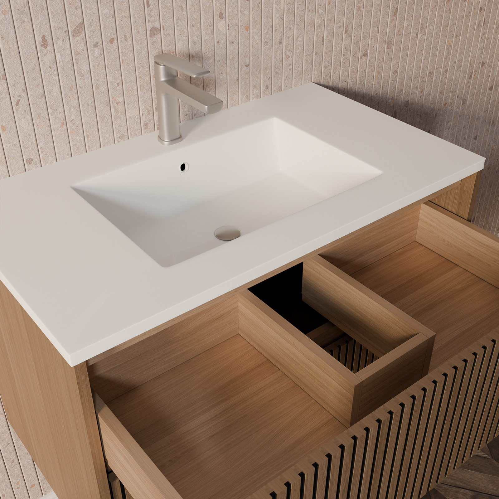 Meuble Salle de Bains 60cm 2 Tiroirs Décor Chêne et Noir Cranté - Vasque Blanche Mate - YUKI