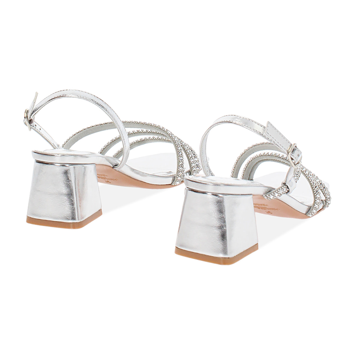 Sandalo donna argento con pietre, tacco largo 5,5 cm
