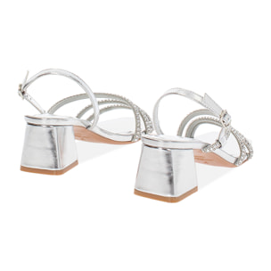Sandalo donna argento con pietre, tacco largo 5,5 cm