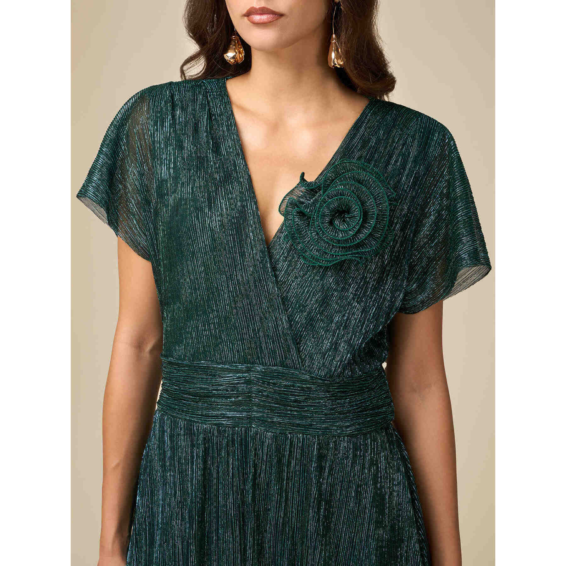 Oltre - Vestido lúrex plisado con broche - Verde