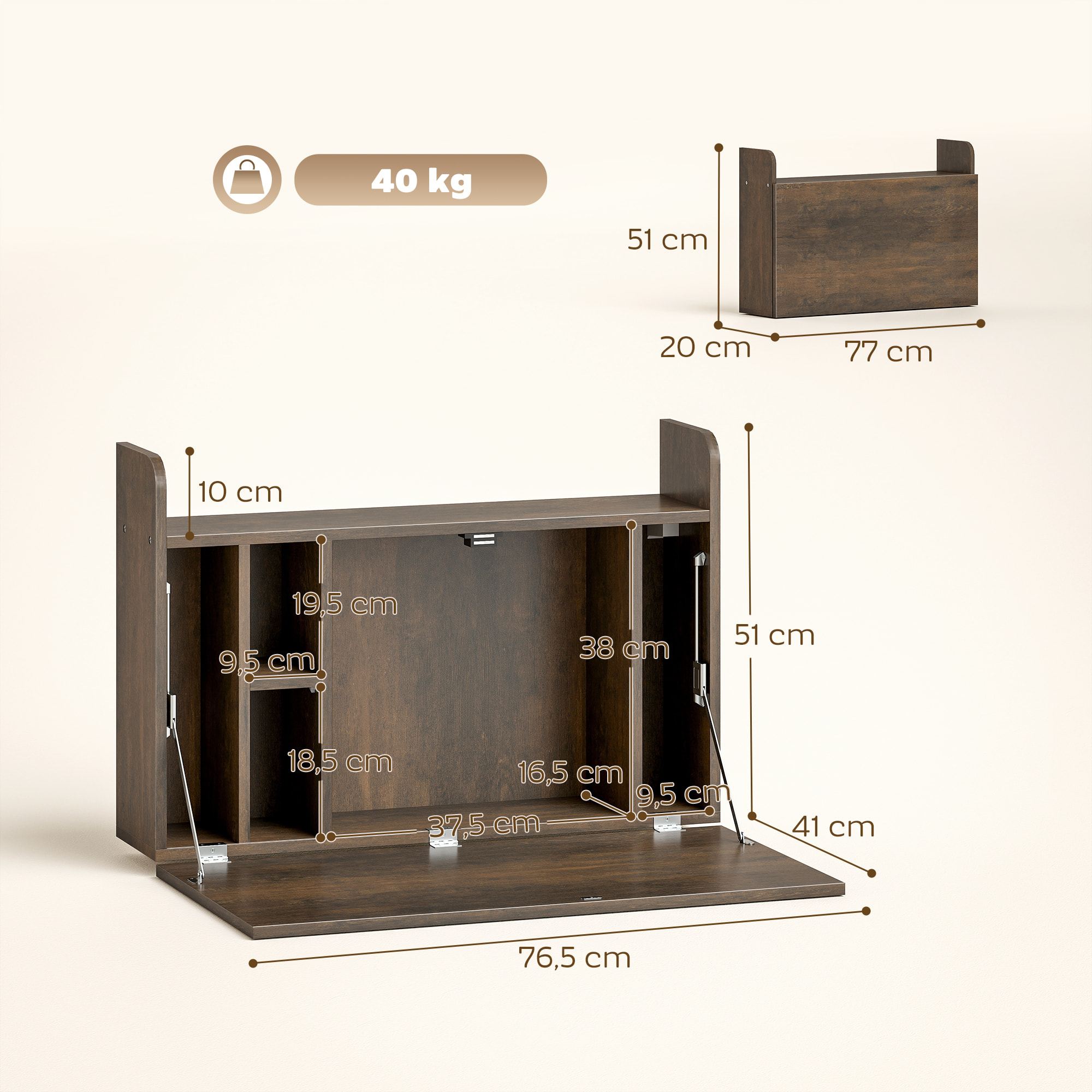 Bureau mural pliable - table murale rabattable - 5 niches, étagère - effet bois vieilli