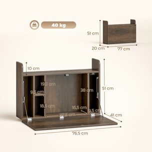 Bureau mural pliable - table murale rabattable - 5 niches, étagère - effet bois vieilli