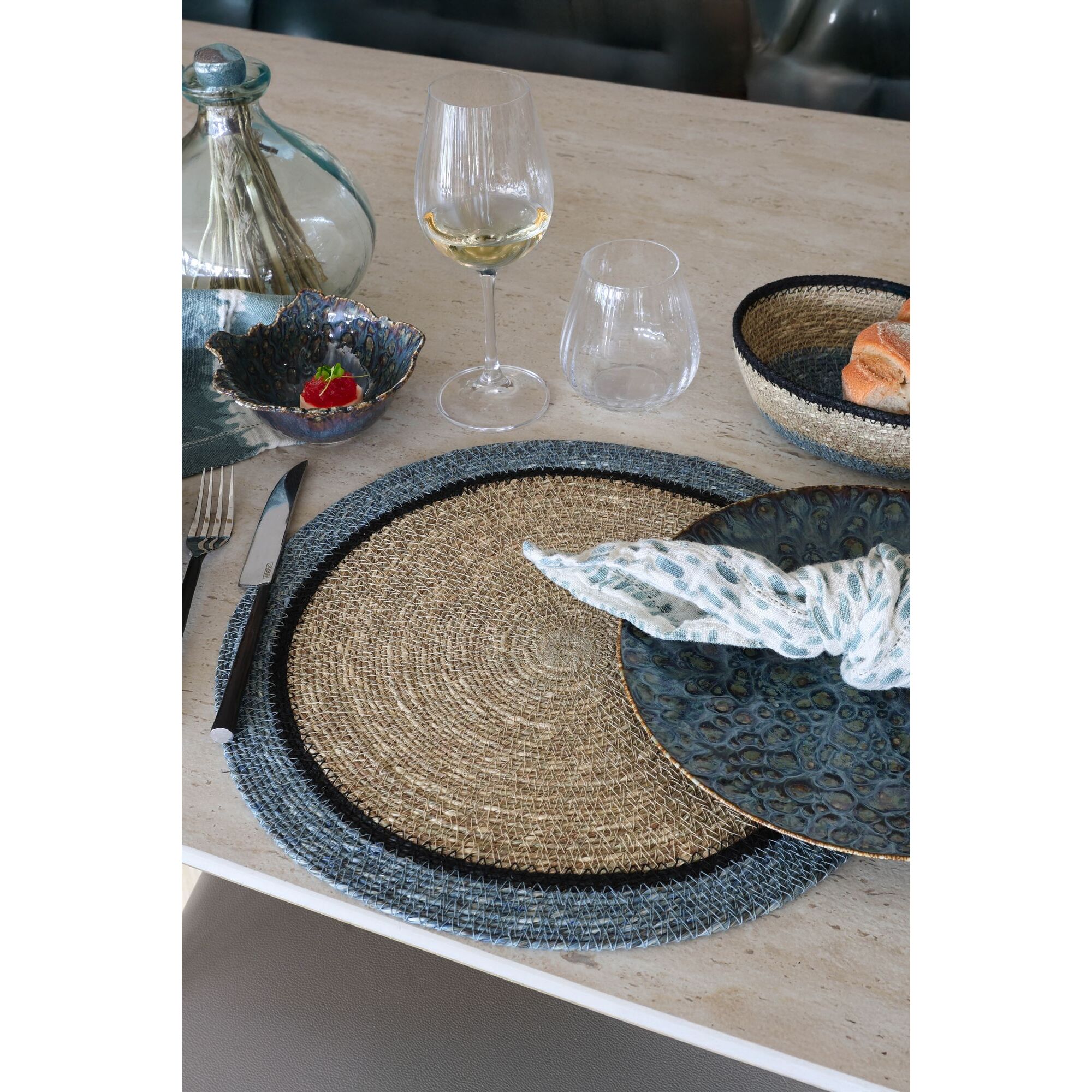 Lot de 6 sets de table en jonc de mer naturel et bleu d38cm IRIS