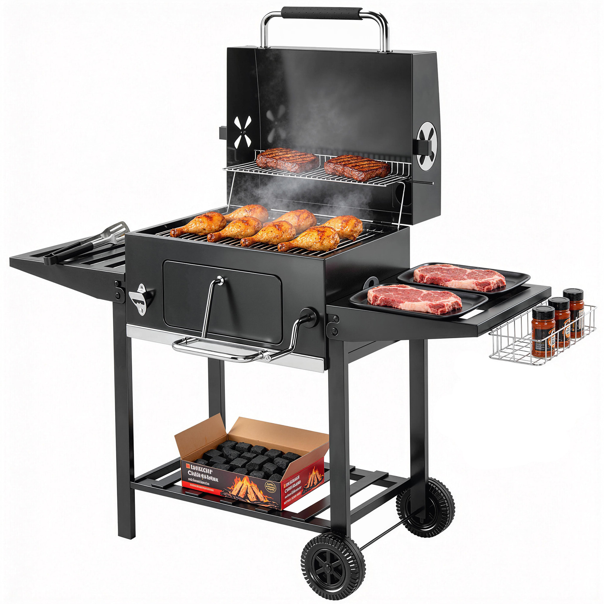 Barbacoa de Carbón Portátil, Barbacoa de Carbón Móvil con Bandeja Ajustable, Estantes Plegables, Termómetro, Tapa, Chimenea, Ventilaciones, Cajón de Cenizas, Ruedas, Cesta Lateral, Asa, Negro