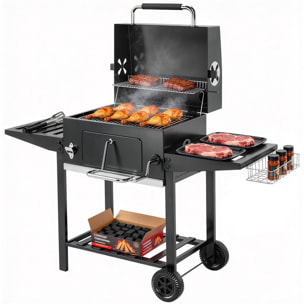 Barbacoa de Carbón Portátil, Barbacoa de Carbón Móvil con Bandeja Ajustable, Estantes Plegables, Termómetro, Tapa, Chimenea, Ventilaciones, Cajón de Cenizas, Ruedas, Cesta Lateral, Asa, Negro