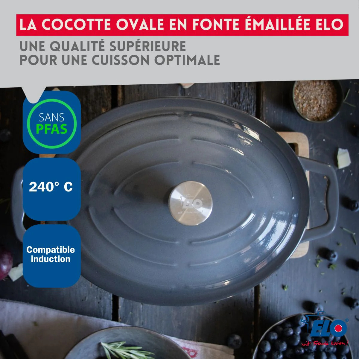 Cocotte ovale en fonte émaillée 33 cm gris classique 5 L Elo