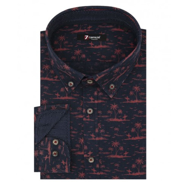 camicia uomo 1 bottone button down slim Lino Cotone Fantasia Blu\Rosso