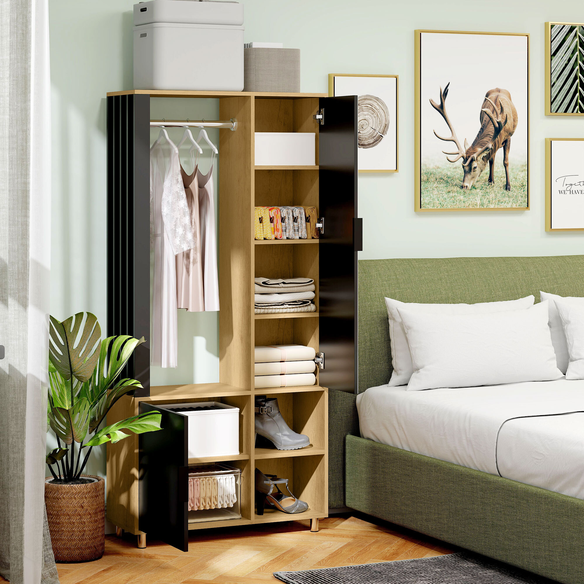 Armoire de chambre penderie dressing miroir design 2 portes, 4 étagères, 2 niches, tringle