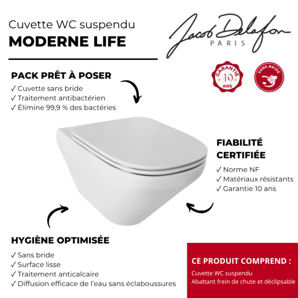 Cuvette WC suspendu sans bride Modern Life avec abattant frein de chute et déclipsable