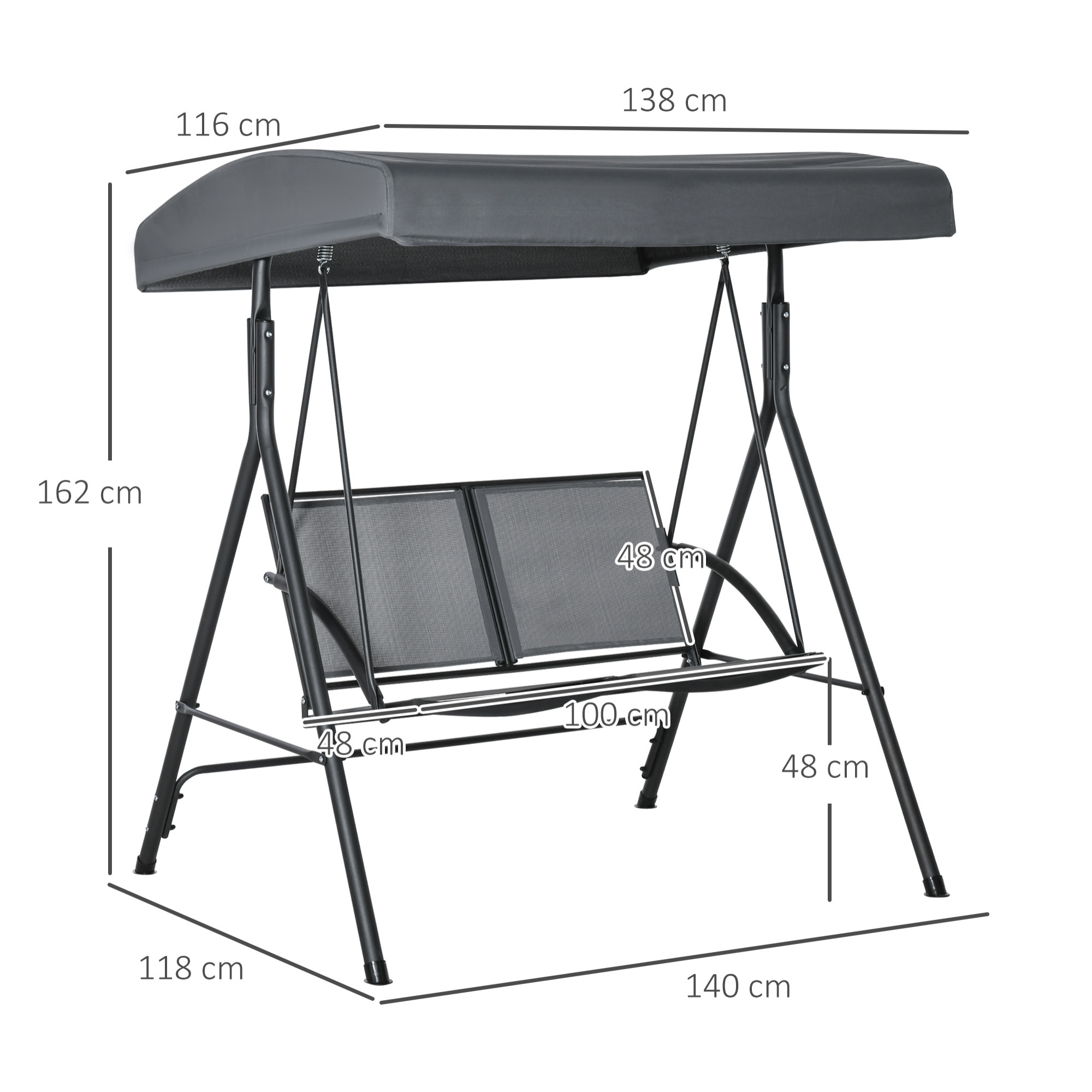 Columpio de Jardín Exterior de 2 Plazas, Balancín de Jardín Exterior con Techo Ajustable, Marco de Acero, Asientos de Textilene, para Balcón Terraza, Carga 220 kg, 140x118x162 cm, Gris Oscuro
