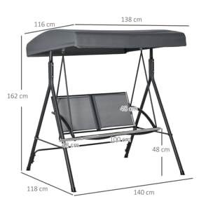 Columpio de Jardín Exterior de 2 Plazas, Balancín de Jardín Exterior con Techo Ajustable, Marco de Acero, Asientos de Textilene, para Balcón Terraza, Carga 220 kg, 140x118x162 cm, Gris Oscuro