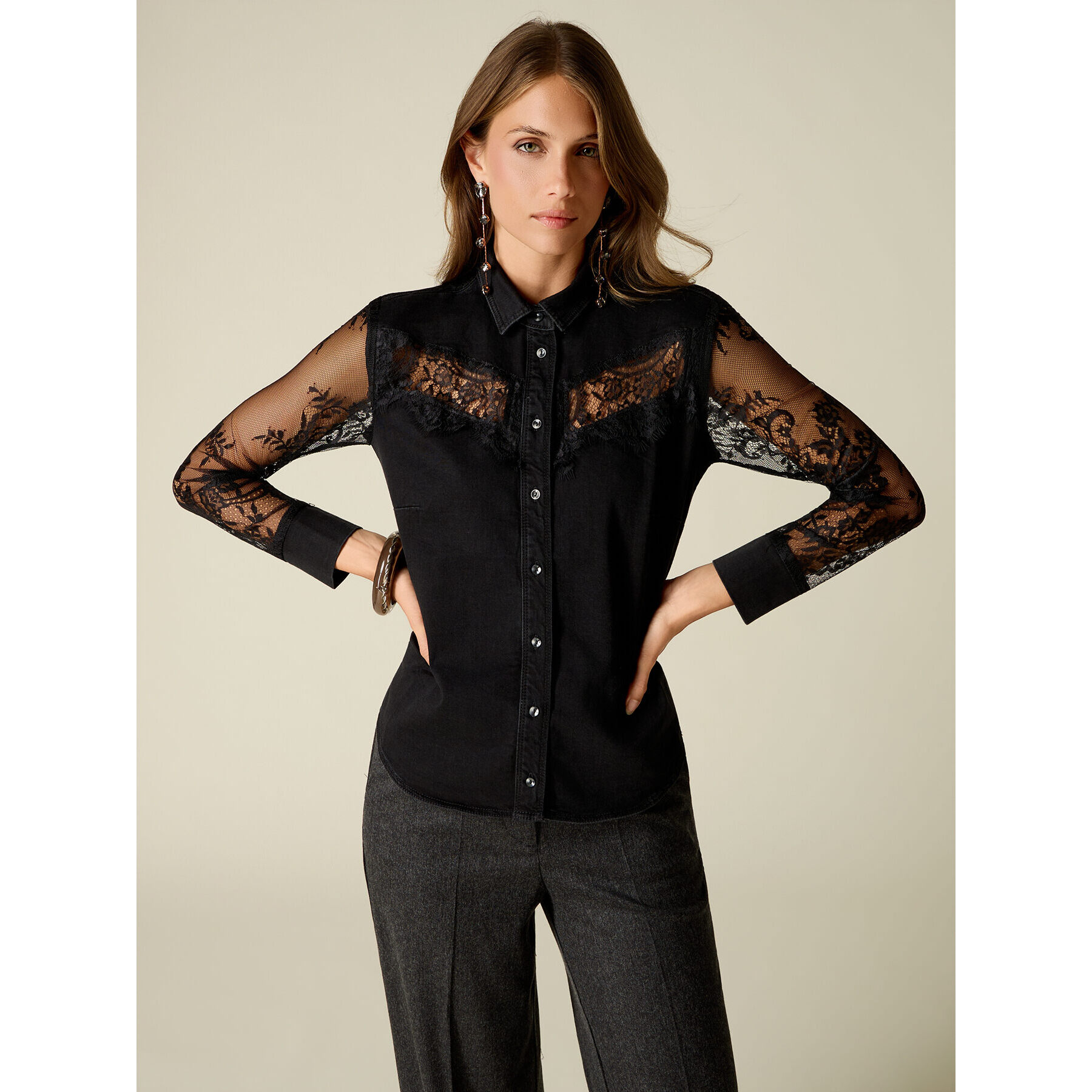 Oltre - Camicia in denim e pizzo - Nero