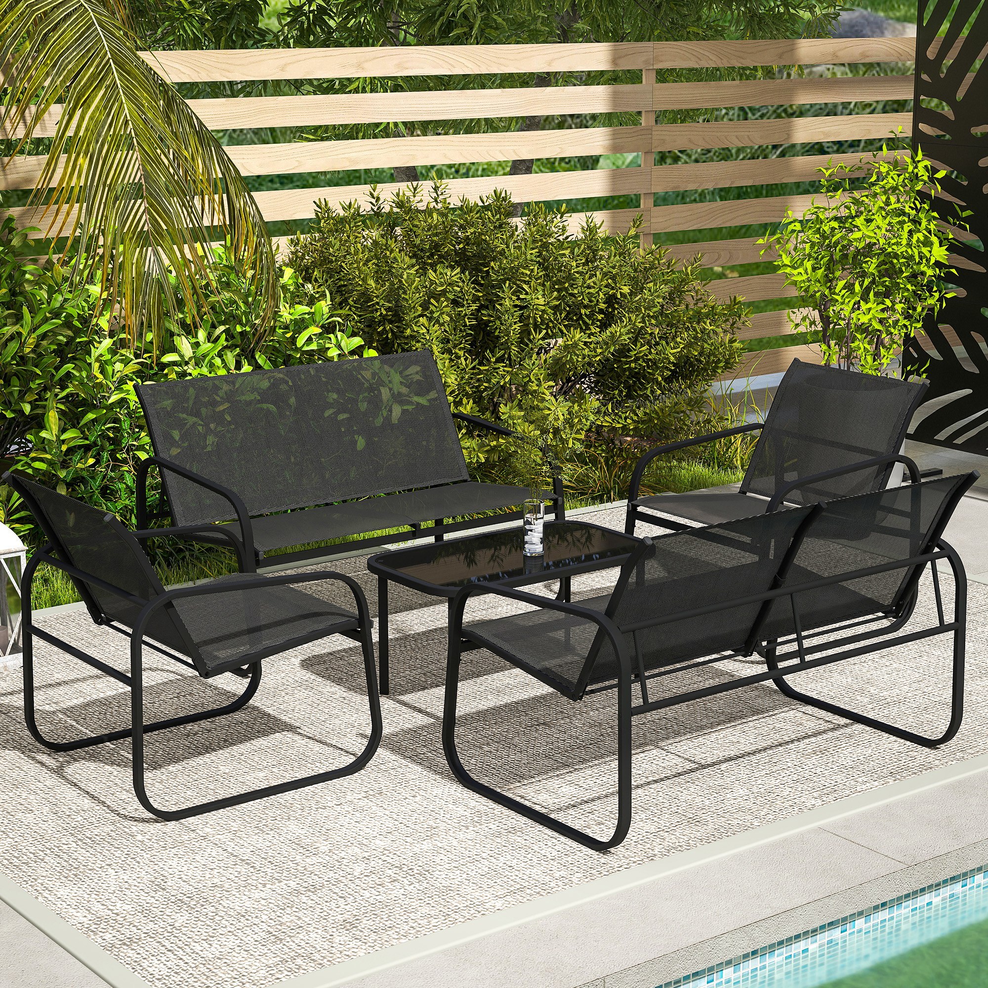 Ensemble salon de jardin relax 6 personnes 5 pièces plateau verre trempé acier textilène noir