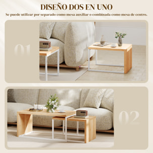 Juego de 2 Mesas de Centro, Mesa Nido Moderna, Mesitas Auxiliares, Marco de Metal, para Salón, Dormitorio, Grande 90x48x42 cm y Pequeña 59x42x36 cm, Natural y Blanco