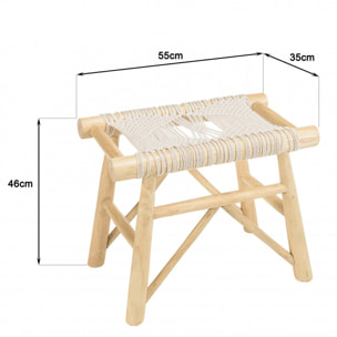 WILL - Tabouret en branches de teck naturel assise en macramé blanc