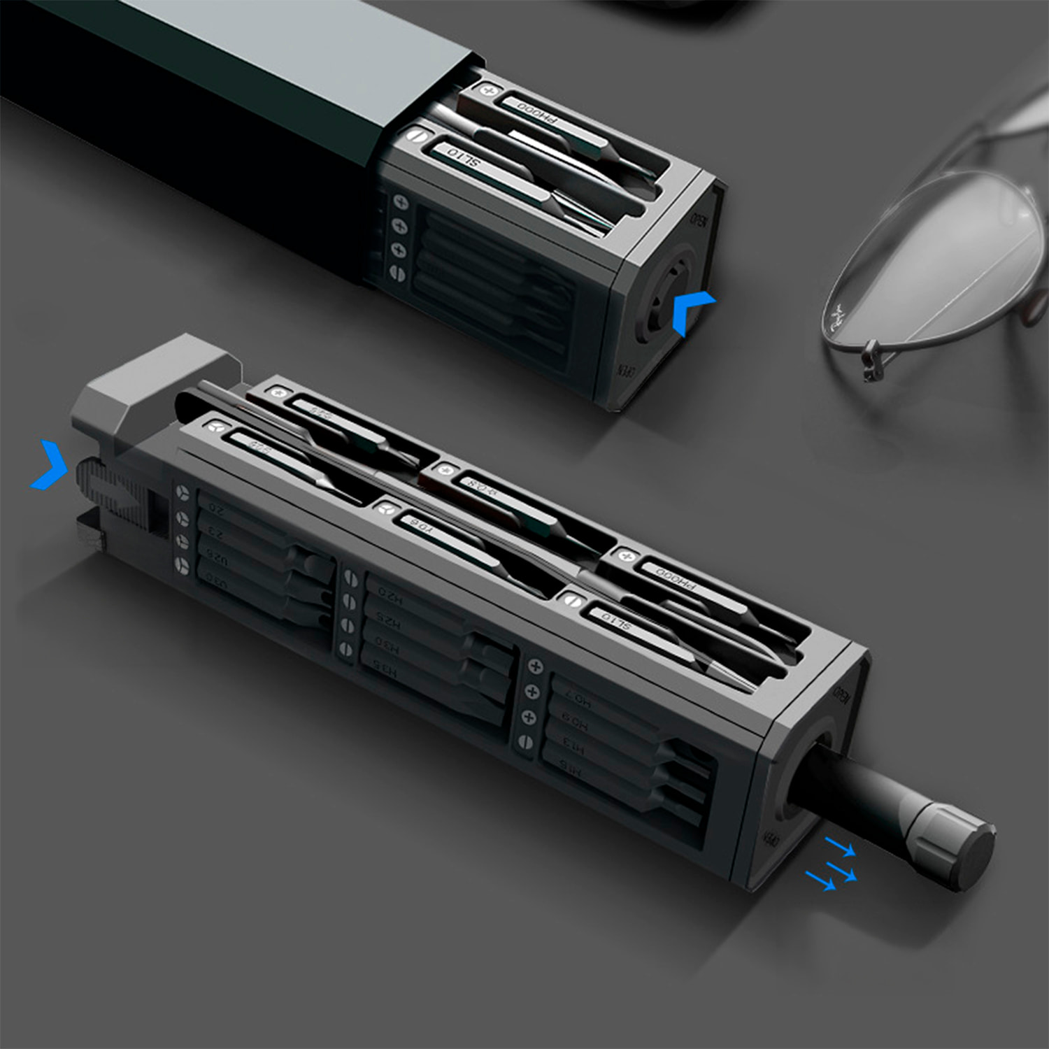 Juego de destornillador de precisión 44 en 1 con rosca giratoria y puntas magnéticas incluidas en funda de aluminio.
