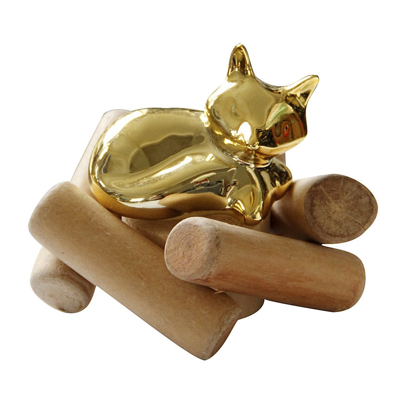 DAM  Figura Decorativa Volpe Dormiente in Ceramica Porcellana e Legno 11x11x9,5 Cm. Colore: oro