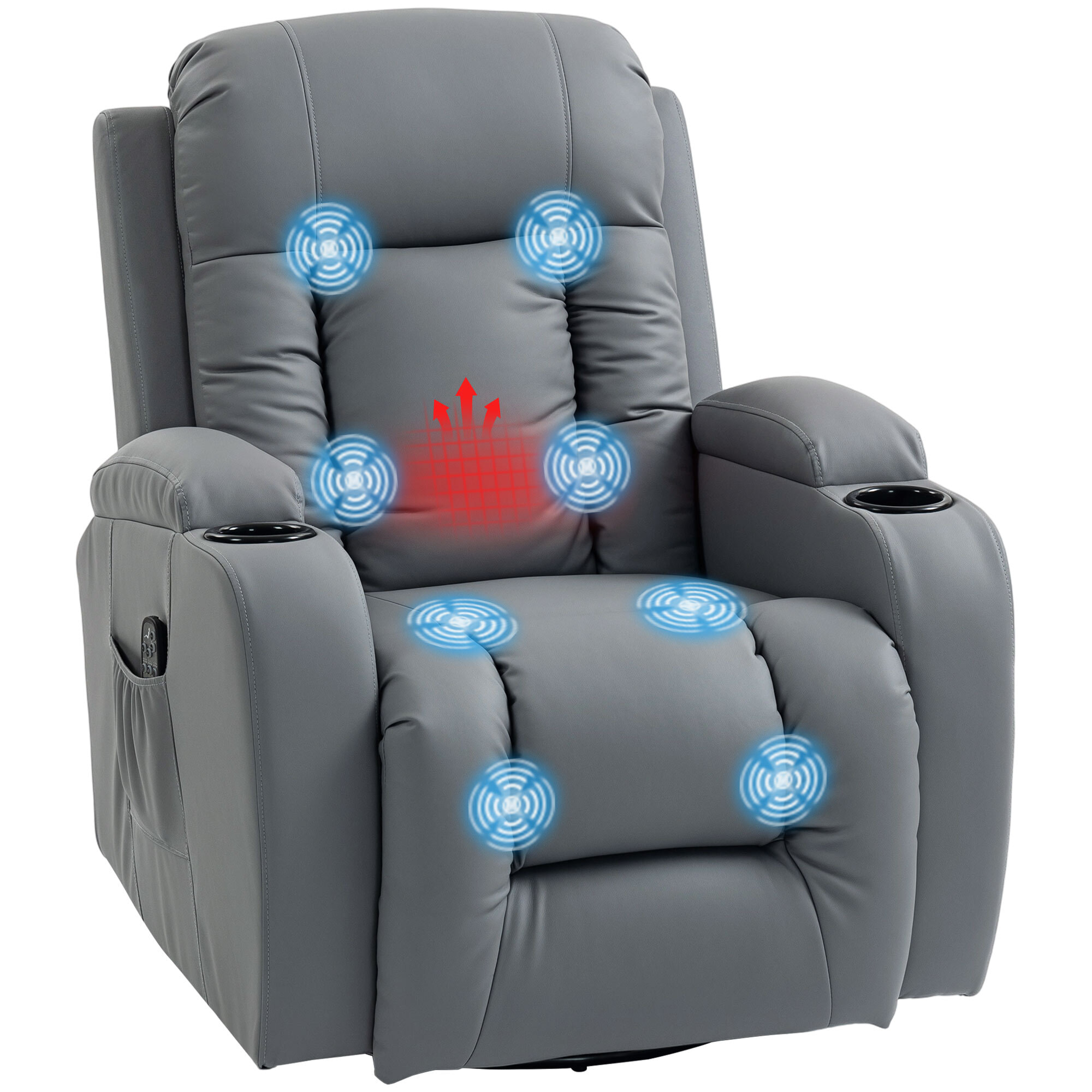 Sillón de Masaje Giratorio, Sillón Relax Reclinable con 8 Puntos de Masaje, Función Calefacción Lumbar, Mando a Distancia, Tapizado en PU, Reposapiés, Bolsillo Lateral, Función Basculante Gris