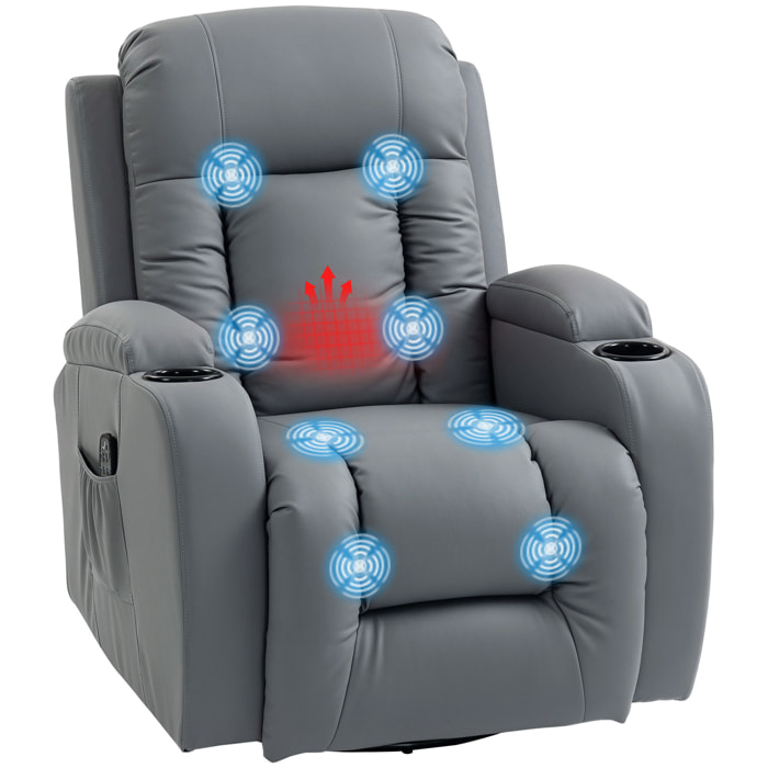 Sillón de Masaje Giratorio, Sillón Relax Reclinable con 8 Puntos de Masaje, Función Calefacción Lumbar, Mando a Distancia, Tapizado en PU, Reposapiés, Bolsillo Lateral, Función Basculante Gris