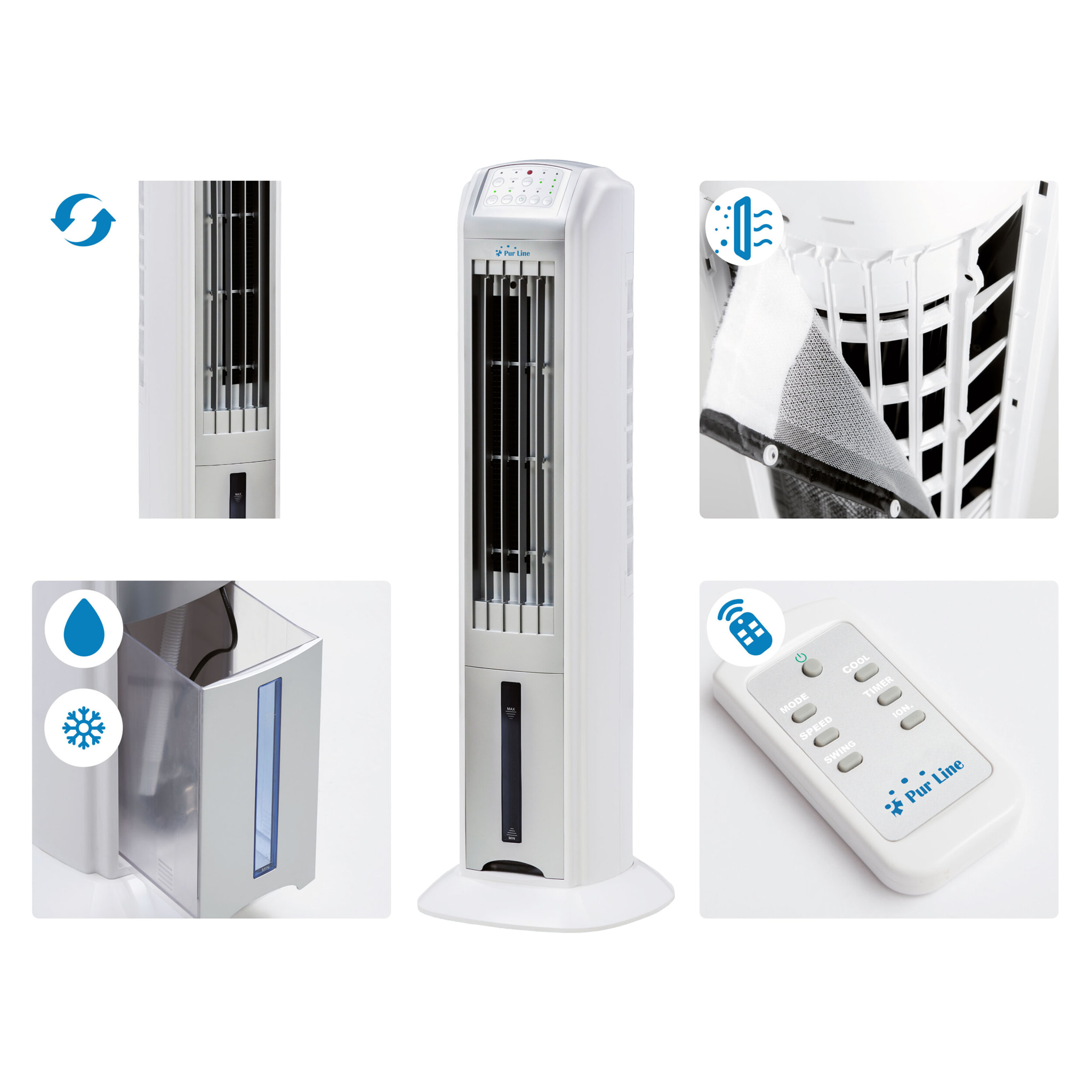 Rafraichisseur d'air par évaporation 70W avec ioniseur et 3 vitesses