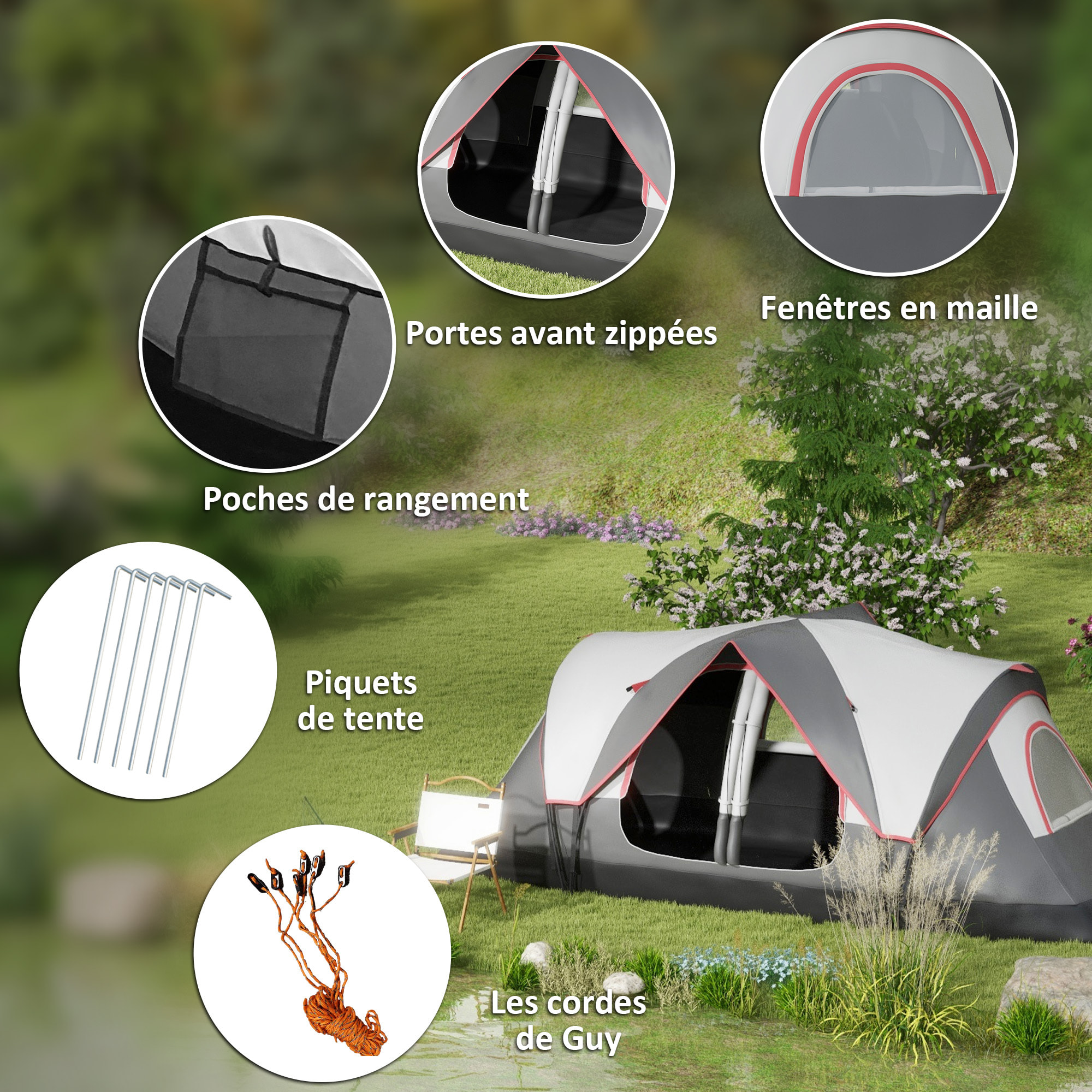 Tente de camping familiale 6-8 pers. double toit étanche 2 000 mm moustiquaire sac de tranport gris
