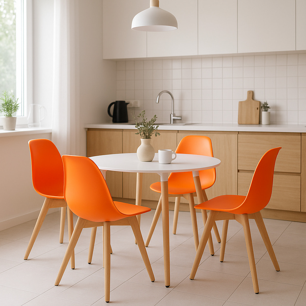 Sedia di design Kito arancione con gambe in legno di faggio