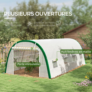 Serre de jardin tunnel surface sol 18 m² châssis tubulaire acier galvanisé renforcé 24 mm 8 fenêtres PE maillé blanc vert