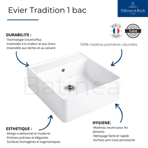 Evier timbre office Tradition Ivory CeramicPlus avec vidage automatique