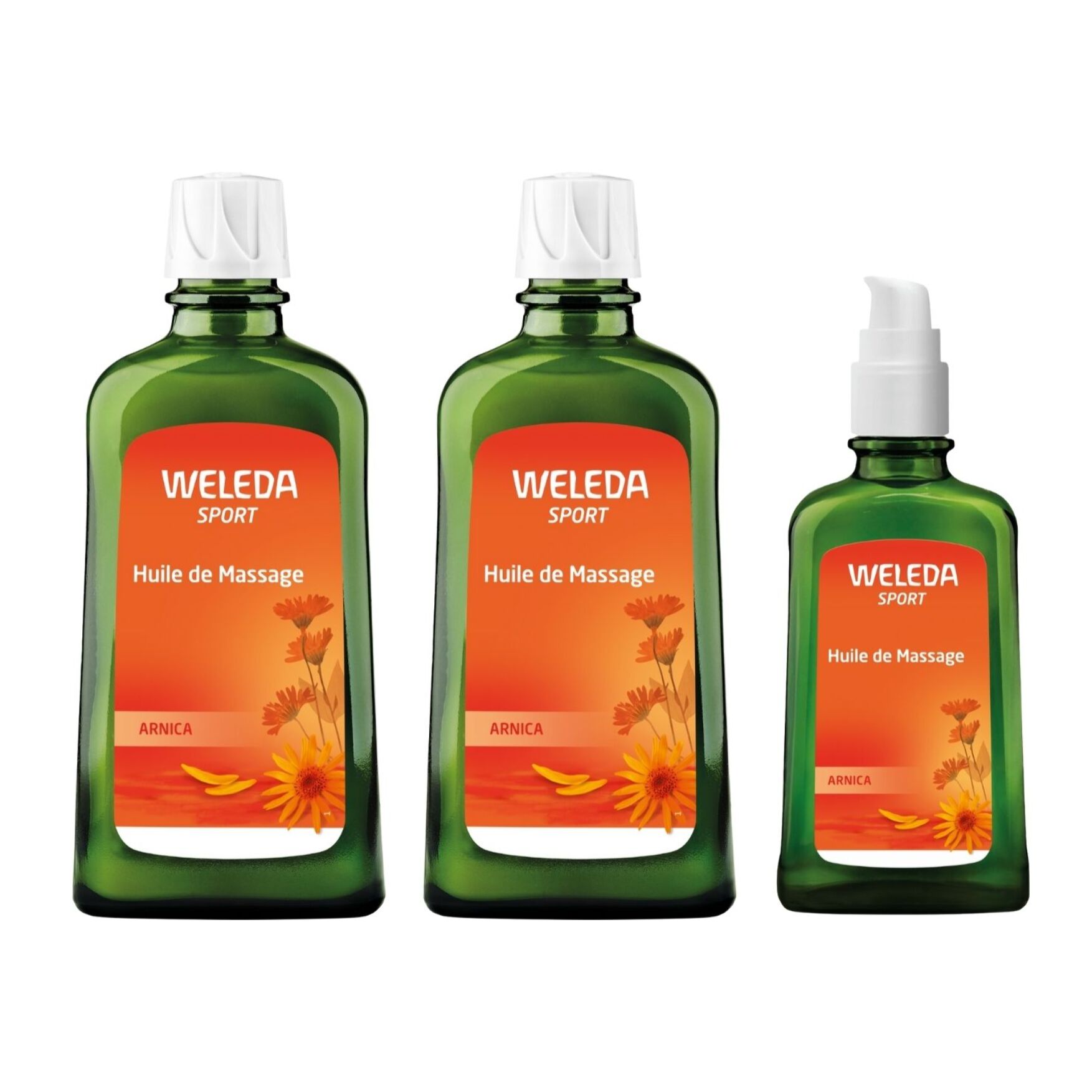 WELEDA - LOT Huile de massage Arnica 2x200ml + 1x100ml - Vegan* - Certifié Natrue**- Flacon 200ml et Flacon pompe 100ml