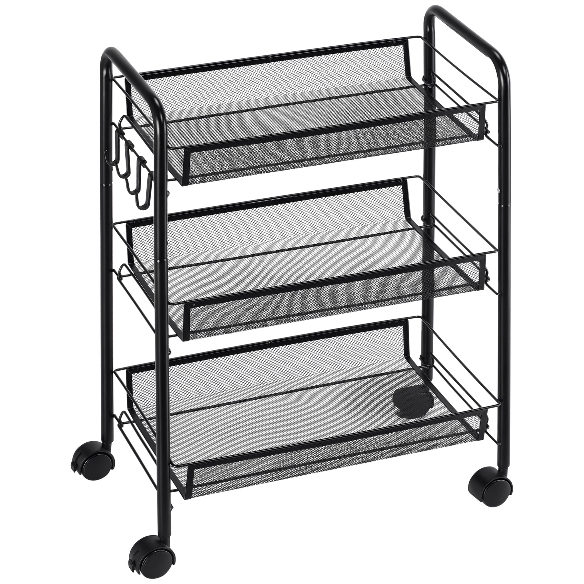 Carrito Auxiliar con Ruedas, Carrito de Cocina de Acero, con 3 Cestas, Carga 9 kg, para Comedor, Sala de Estar, Baño, 45x26,5x63 cm, Negro