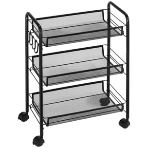 Carrito Auxiliar con Ruedas, Carrito de Cocina de Acero, con 3 Cestas, Carga 9 kg, para Comedor, Sala de Estar, Baño, 45x26,5x63 cm, Negro