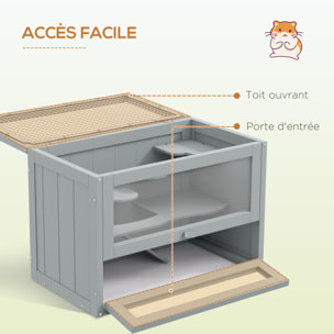 Cage pour hamsters souris petits rongeurs multi-équipements rampe plateformes toit ouvrant grillagé porte bois de sapin plexiglas gris