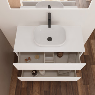 Conjunto de Baño Kaji | Mueble de Baño Suspendido | 60 cm Blanco| Dos Cajones | Lavabo Ovalado sobre Encimera | No incluye Espejo | Alday