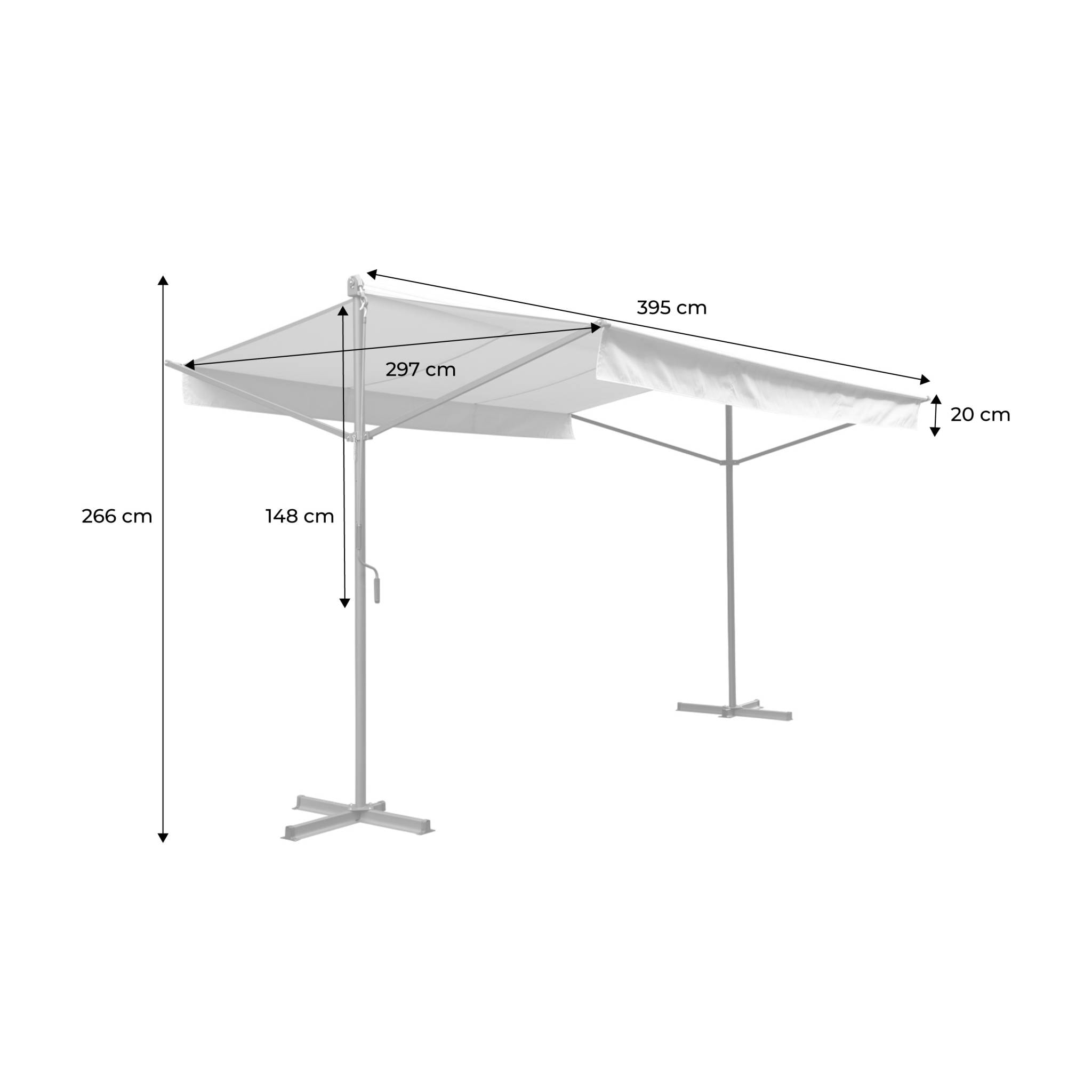 Store double pente - Penne 4x3m Beige - Système manuel à manivelle. auvent sur pieds. store de terrasse largeur 395cm