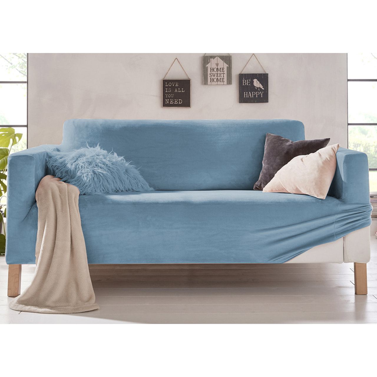 Copridivano 4 Posti Elasticizzato In Tinta Unita Effetto Velluto Modello Morbidissimo Colore Cielo