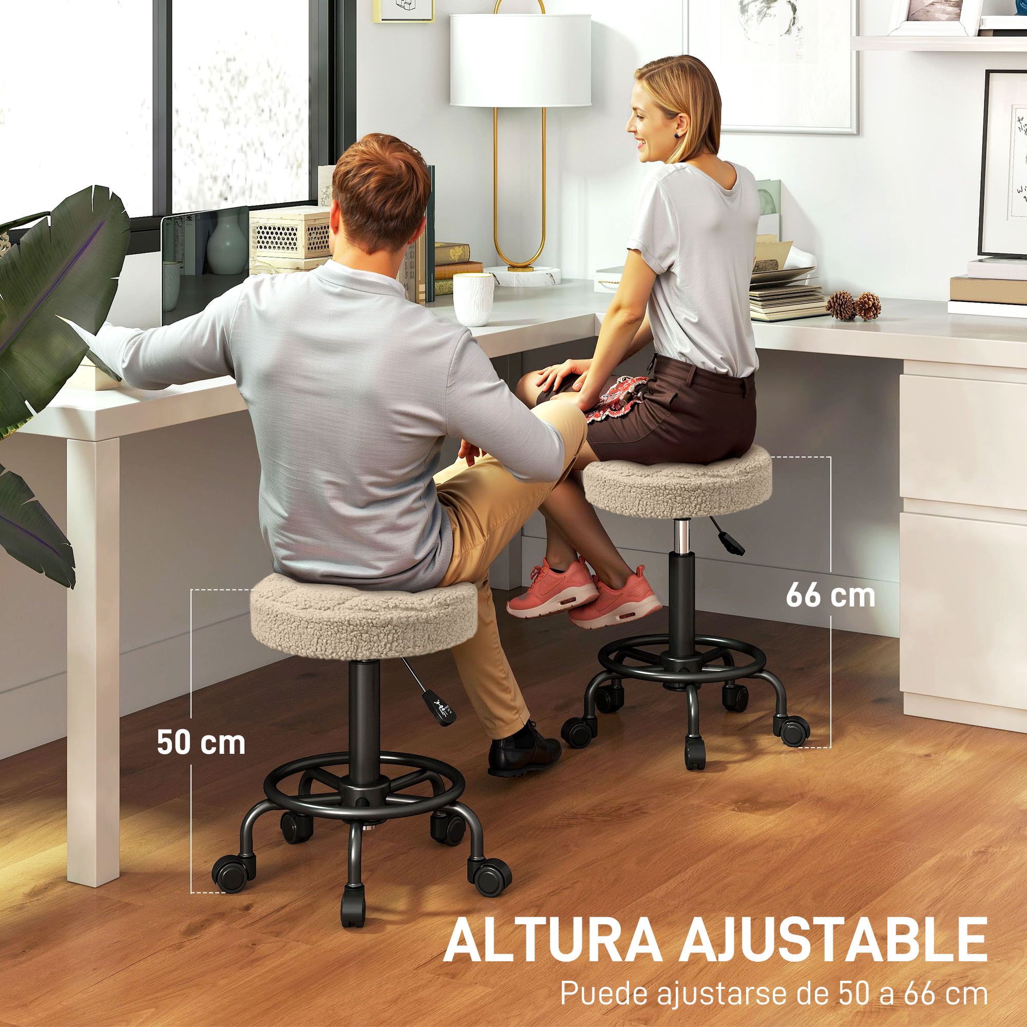 Taburete Giratorio Redondo Taburete con Ruedas Altura Regulable 50-66 cm Asiento Tapizado en Tejido de Borreguito para Salones Talleres Spa Masaje Marrón Claro