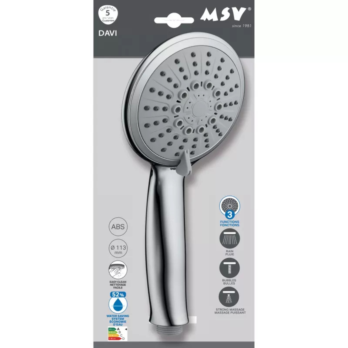 Pommeau de douche MSV Davi Ø 113 mm – 3 jets – Économie d'eau 52 % – Chromé