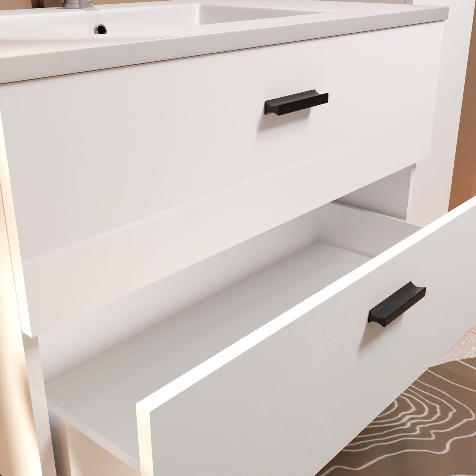Meuble salle de bains 80 cm 2 Tiroirs Blanc avec Vasque blanche, miroir et applique Led - BOX LED