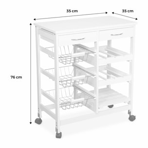 Desserte de cuisine blanche. chariot à roulettes - Charlotte - 2 tiroirs. 3 paniers. 2 étagères range bouteilles. 1 étagère