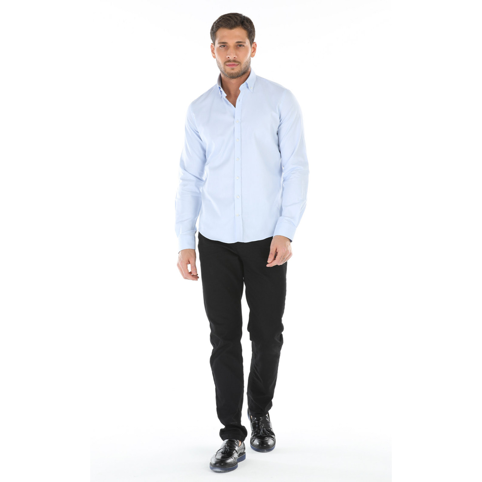 Camicia Uomo 1 Bottone Button Down Slim Oxford unito Celeste