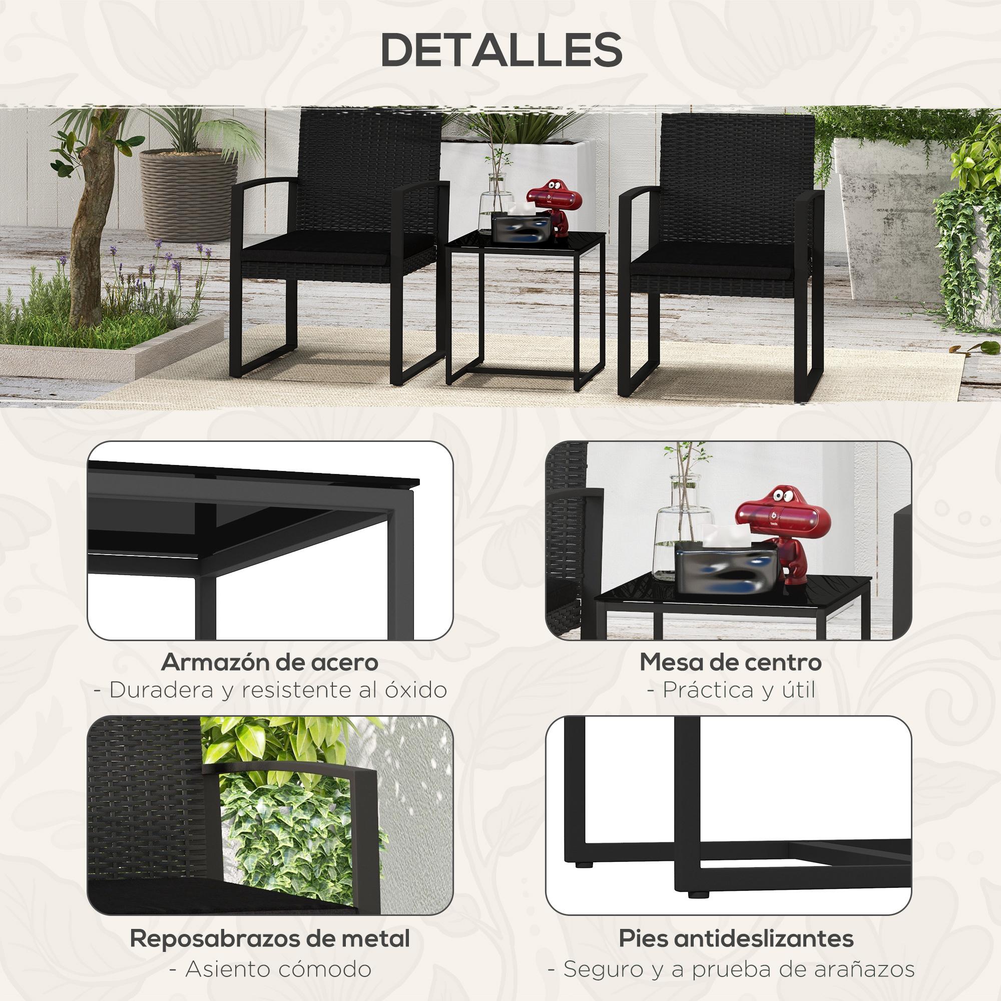 Conjunto de Muebles de Jardín de Ratán Sintético Juego de 1 Mesa y 2 Sillas de Terraza con Cojines y Reposabrazos para Balcón Patio Negro